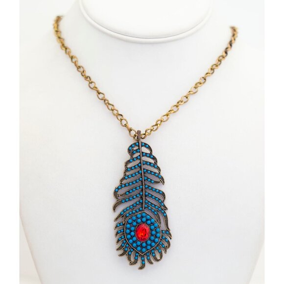 36'' Vintage Blue Peacock Feather Necklace - A7 - Picture 2 of 3